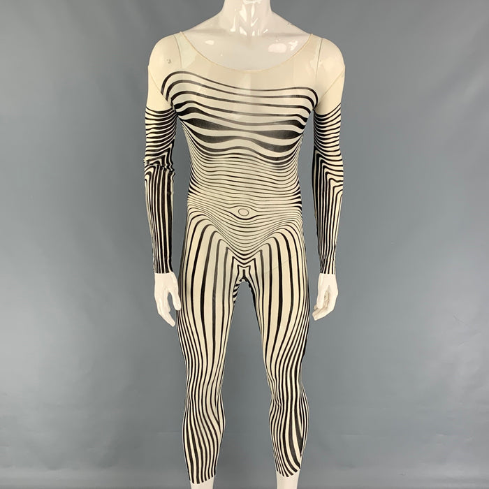 Vintage 1996 JEAN PAUL GAULTIER Size One Size Cream Black Stripe Stretch Tulle Bodysuit