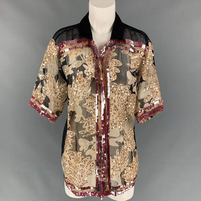 DRIES VAN NOTEN Size M Black & Gold Sequined Silk Blouse