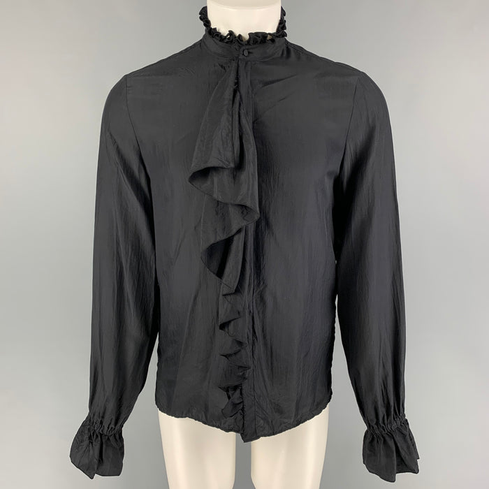 GUCCI Size XS Black Ruffled Silk Elastic Cuffs Long Sleeve Shirt