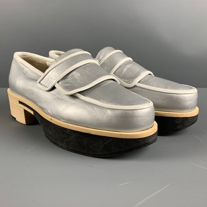 JIL SANDER Size 10 Silver White Leather Contrast Trim Platform Flats
