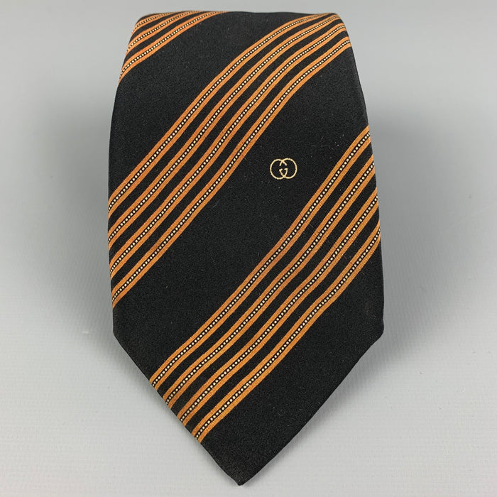 GUCCI Black & Tan Diagonal Stripe Silk Tie