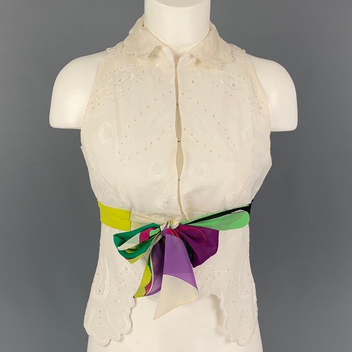 EMILIO PUCCI Size 8 Cream Multi-Color Cotton Embroidered Sleeveless Blouse