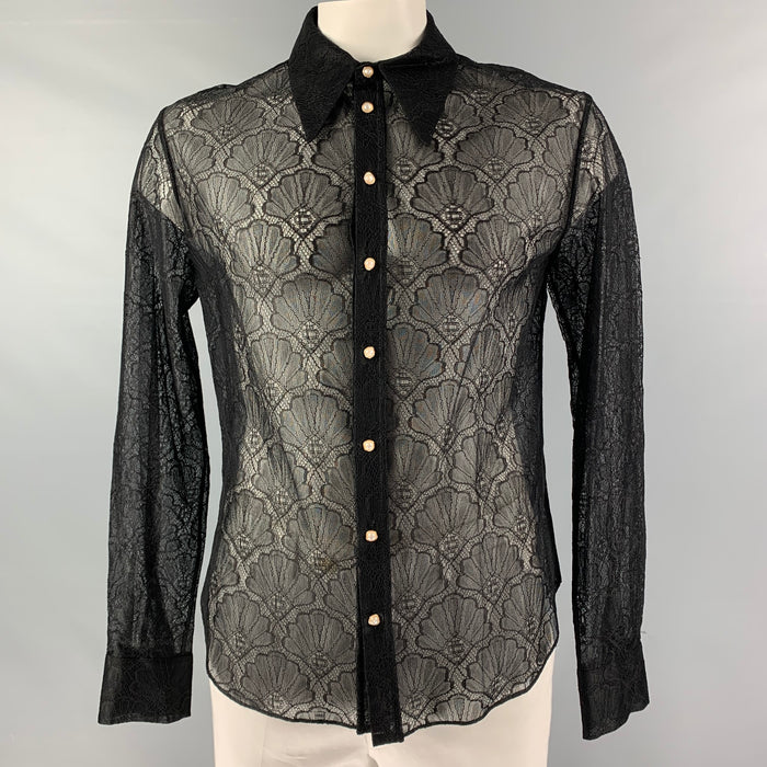 CASABLANCA Size XL Black Lace Polyamide Blend Button Up Long Sleeve Shirt