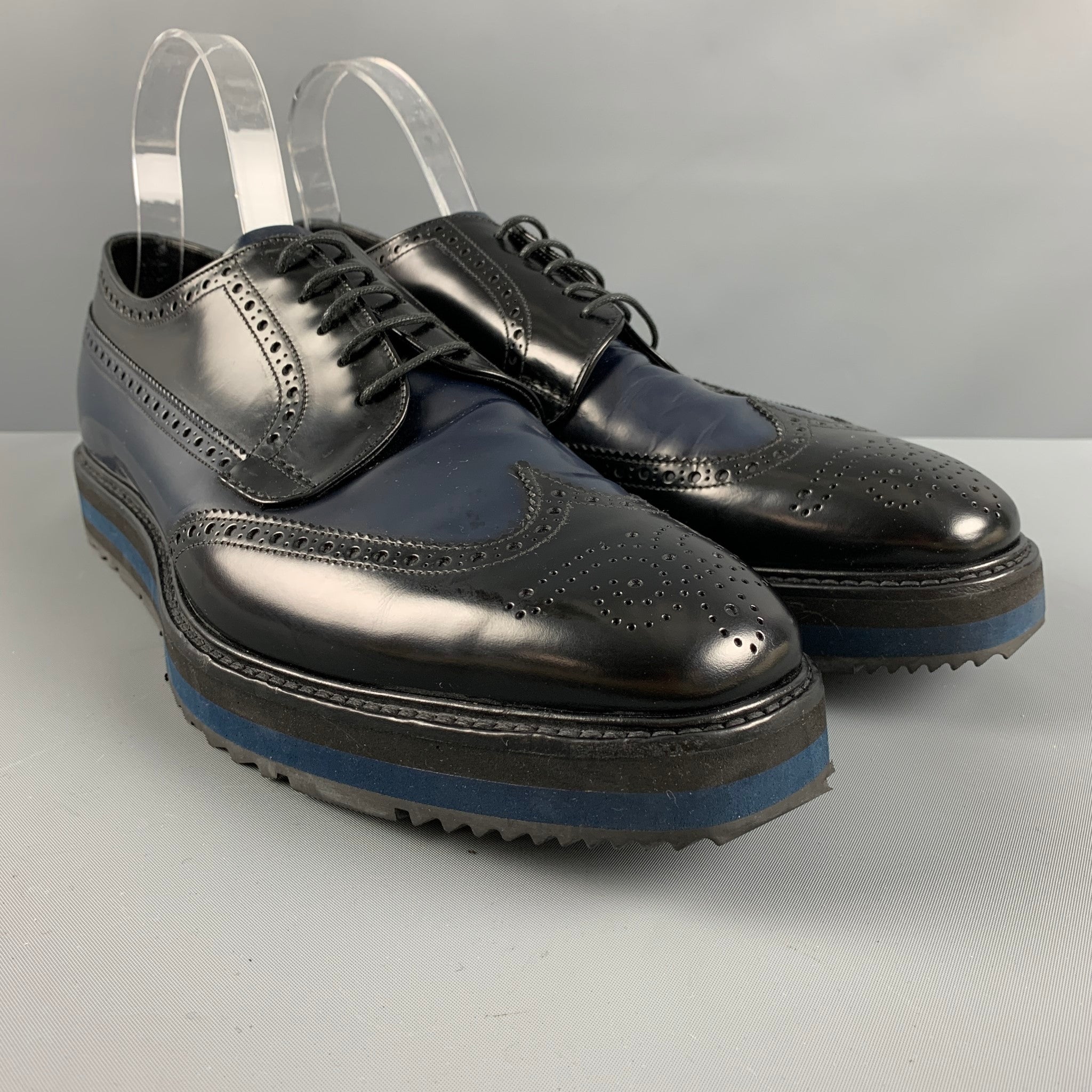 PRADA Size 11 Navy Black Perforated Leather Platform Lace Up Shoes Sui Generis Designer Consignment PRADA Size 11 Navy Black Perforated Leather Platform Lace Up Shoes Sui Generis Designer Consignment