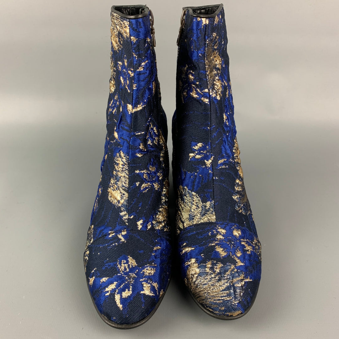DRIES VAN NOTEN Size 6 Navy & Gold Jacquard Ankle Boots