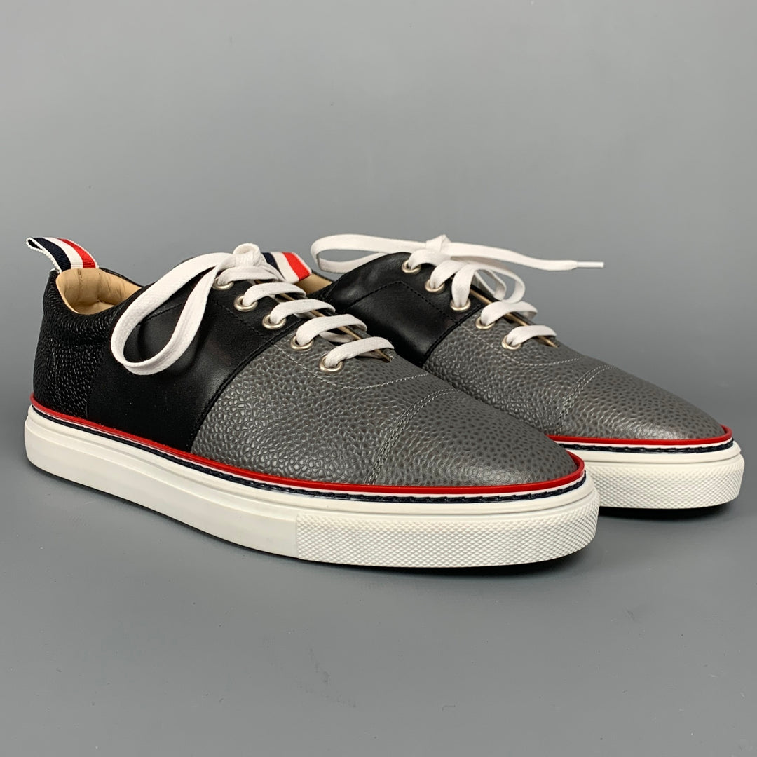 THOM BROWNE Size 6 Grey & Black Color Block Leather Cap Trainer Sneakers