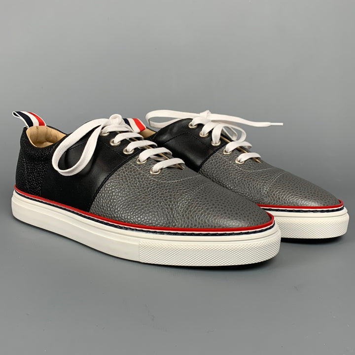 THOM BROWNE Size 6 Grey & Black Color Block Leather Cap Trainer Sneakers