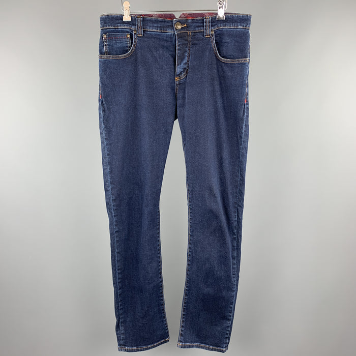 ISAIA Size 34 Indigo Denim Contrast Stitching Button Fly Jeans