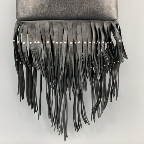ROBERTO CAVALLI Black Leather Studded Fring Bucket Backpack
