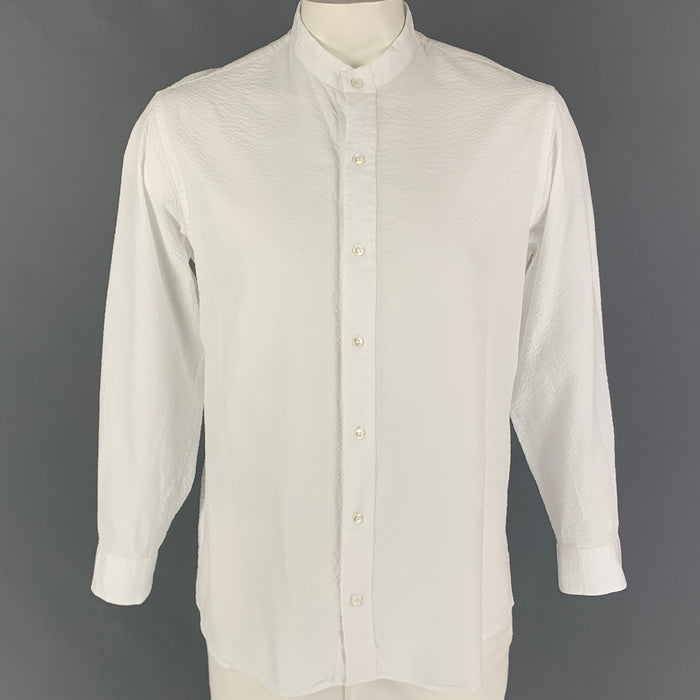 GIORGIO ARMANI Size L White Textured Cotton Nehru Collar Long Sleeve Shirt