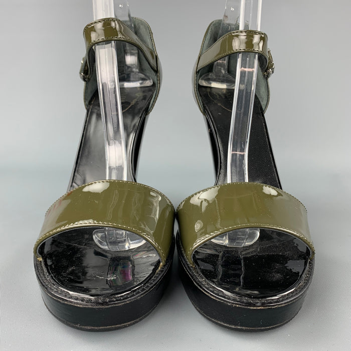 PRADA Size 9.5 Olive & Black Patent Leather Platform Sandals