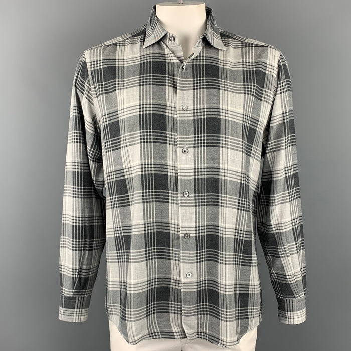 ERMENEGILDO ZEGNA Cashco Size XL Light Gray Plaid Button Up Long Sleeve Shirt