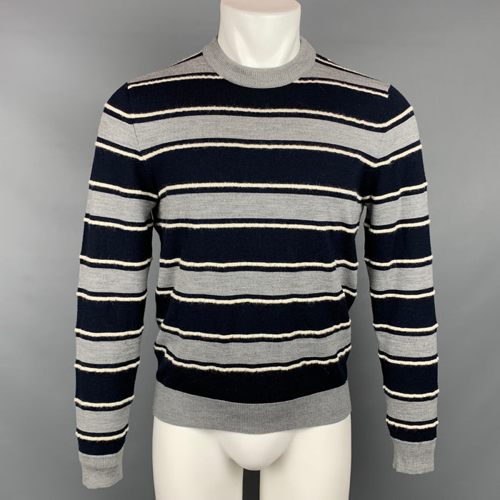 SALVATORE FERRAGAMO Size M Grey & Navy Stripe Wool / Mohair Crew-Neck Pullover