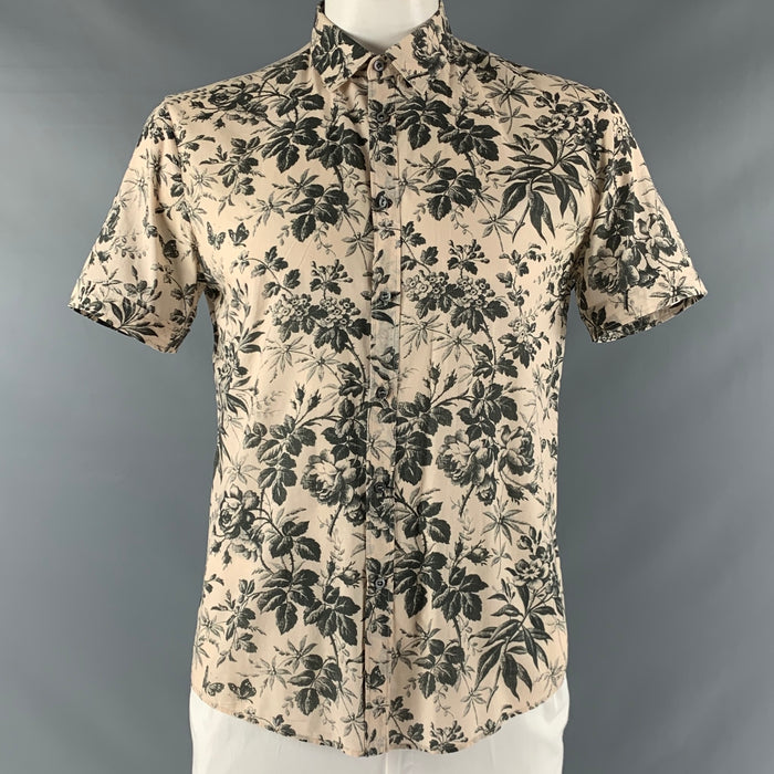 GUCCI Size L Cream Black Floral Short Sleeve Shirt