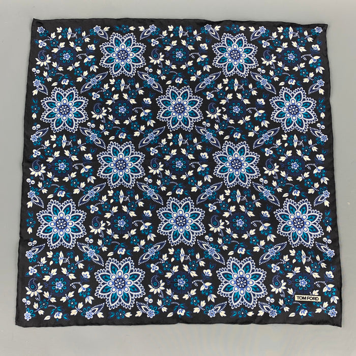 TOM FORD Black & Teal Floral Silk Pocket Square