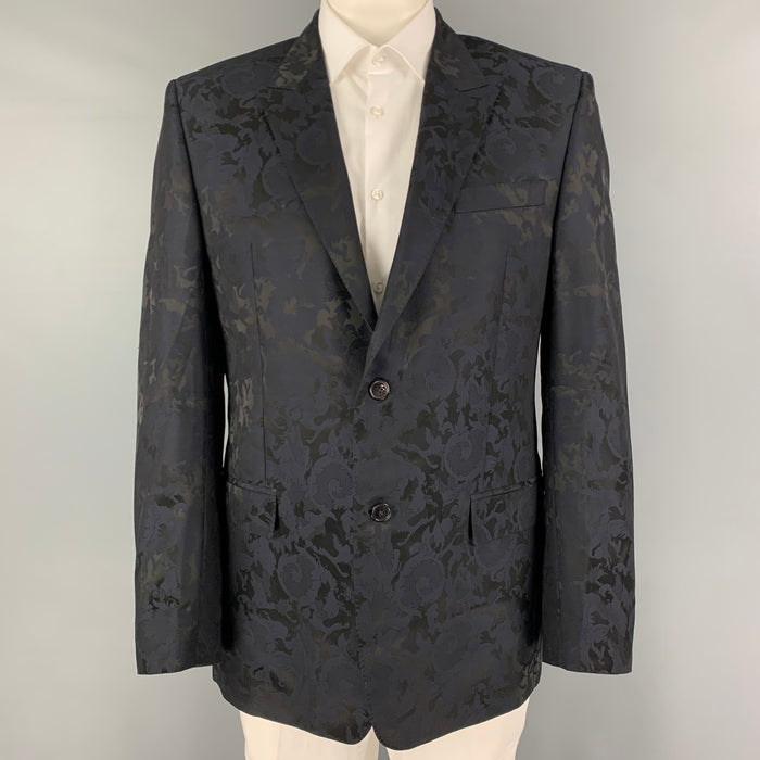 VERSACE COLLECTION Size 44 Black Navy Floral Acetate Wool Sport Coat