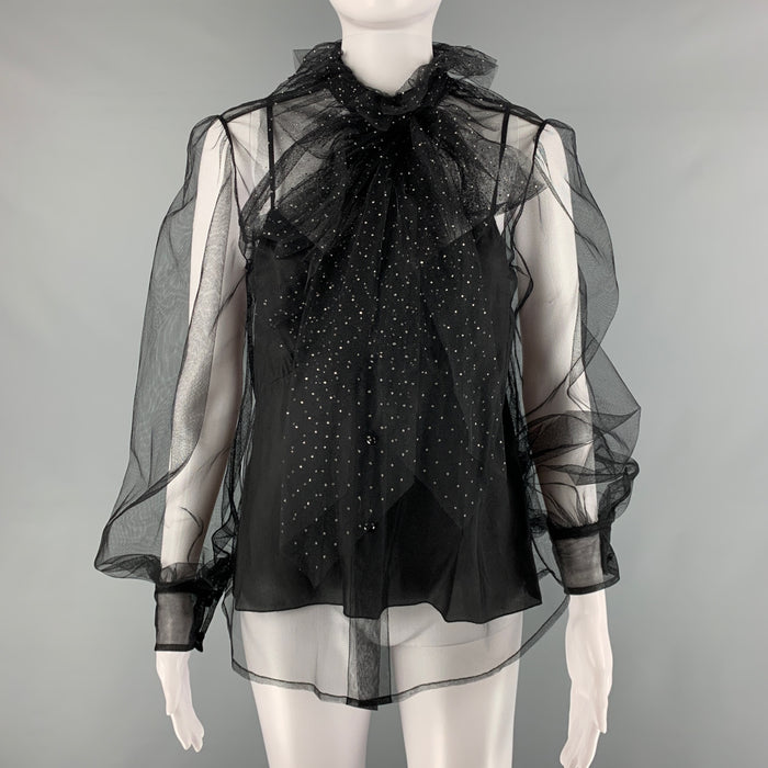 MARC JACOBS Size S Black Nylon Mesh Bow Blouse