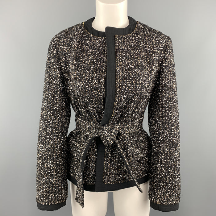 YVES SAINT LAURENT Size M Black Tweed Ziper Trim Collarless Jacket
