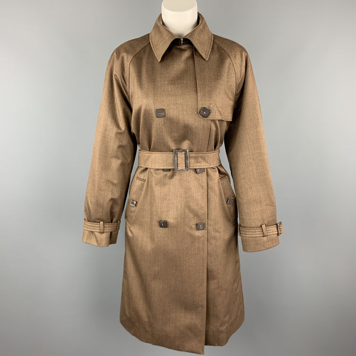 LORO PIANA Size 8 Brown Wool Blend Suede Trim Double Breasted Trenchcoat