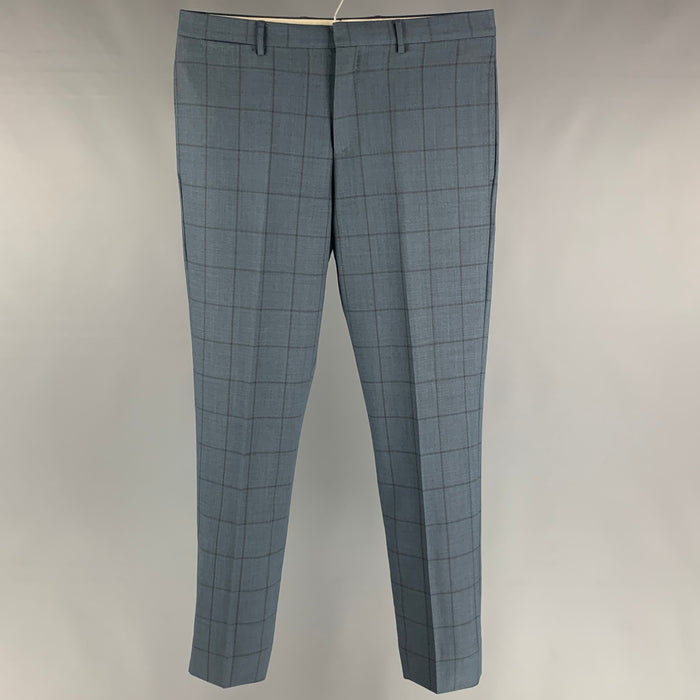 PAUL SMITH Pantalón de vestir Kensington Fit talla 30 azul acero y gris con cremallera de lana y panel de ventana