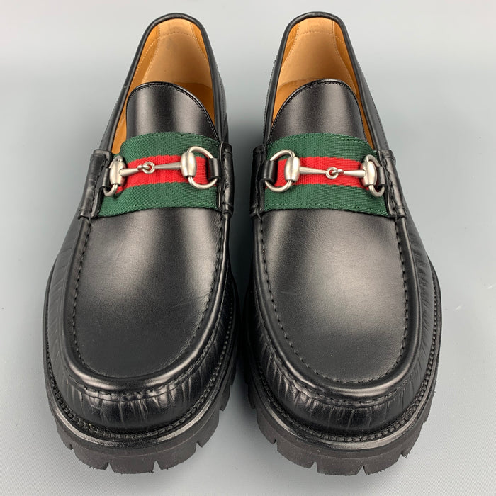 GUCCI Size 10 Black Leather Web Horsebit Lug Sole Loafers