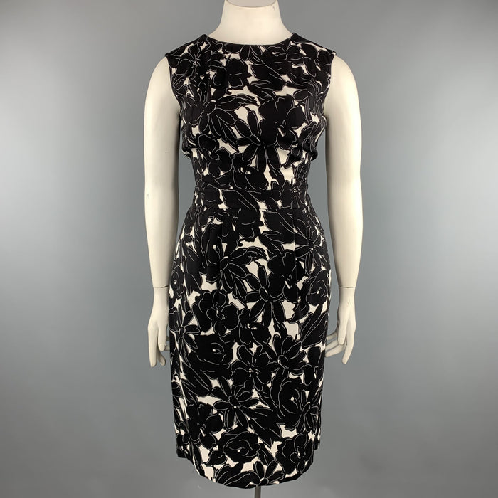 OSCAR DE LA RENTA 14 Black & White Floral Stretch Silk Sleeveless Shift Dress