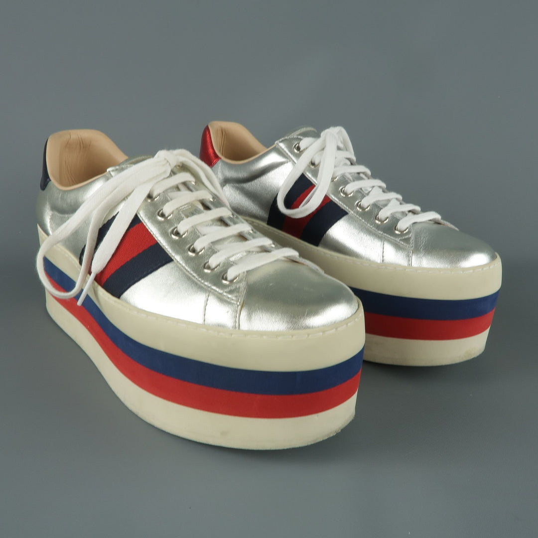 GUCCI US 8 / UK 7 Silver Metallic Leather Striped Platform Sneakers