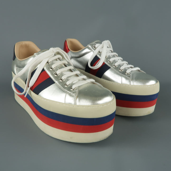 GUCCI US 8 / UK 7 Silver Metallic Leather Striped Platform Sneakers