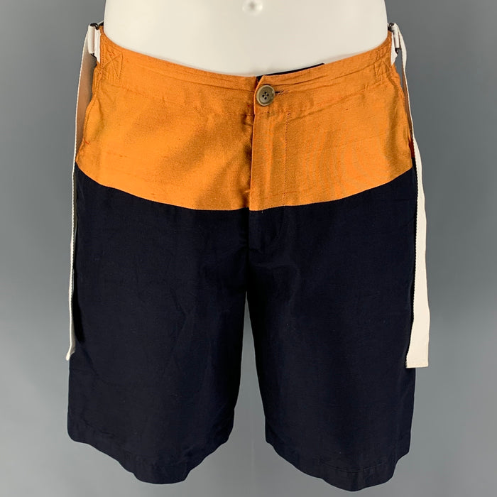 DRIES VAN NOTEN Size 32 Navy Gold Color Block Cotton Drawstring Shorts