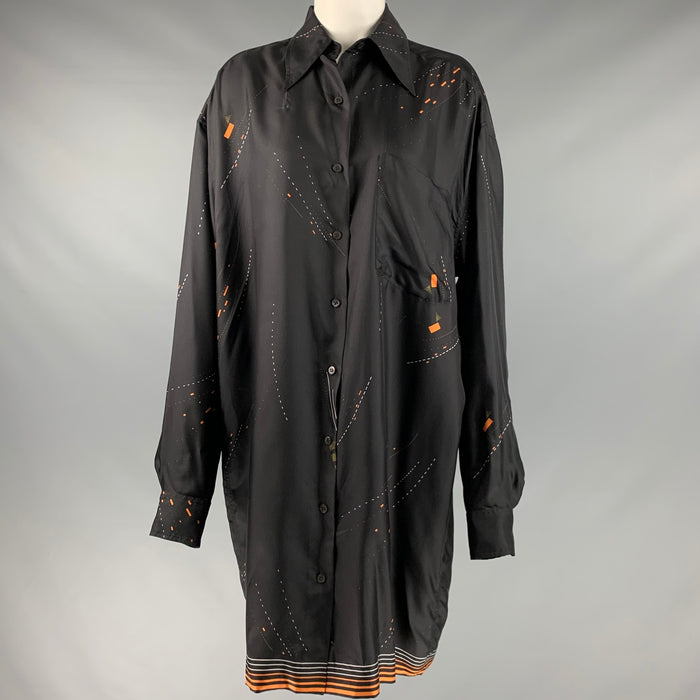 DRIES VAN NOTEN Size XS Black Orange White Silk Print Tunic Shirt