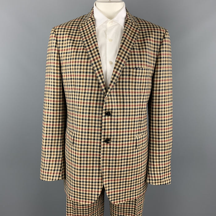 ETRO Size 48 Khaki & Brown Checkered Plaid Lana Wool Notch Lapel Suit