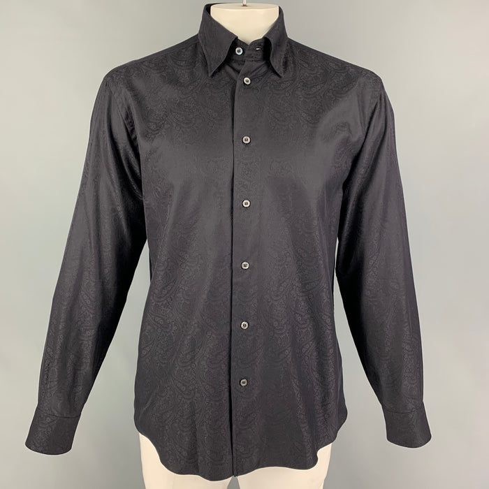 BRIONI Size L Black Paisley Cotton Button Down Long Sleeve Shirt