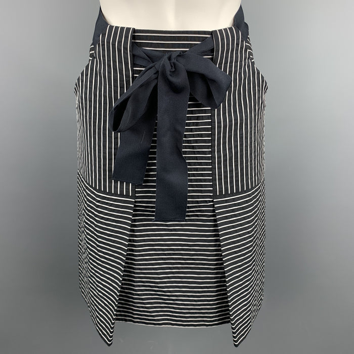 CAROLINA HERRERA Size 2 Black & White Stripe Cotton / Polyester Belted A-Line Skirt
