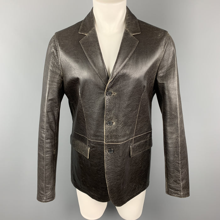 NEIL BARRETT Size M Brown Distressed Leather Notch Lapel Blazer