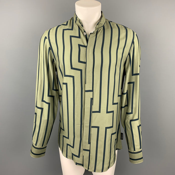 EMPORIO ARMANI Size M Green & Navy Stripe Long Sleeve Shirt