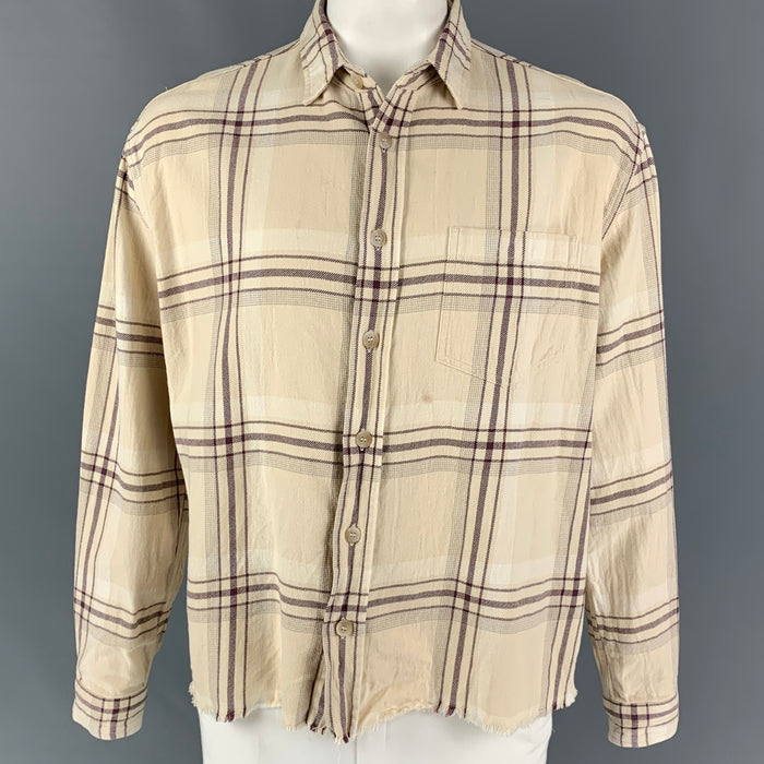 JOHN ELLIOTT Size L Beige Burgundy Plaid Cotton Cropped Long Sleeve Shirt