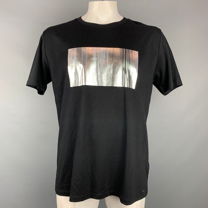 HUGO BOSS Size XL Black & Silver Graphic Cotton Crew-Neck T-shirt