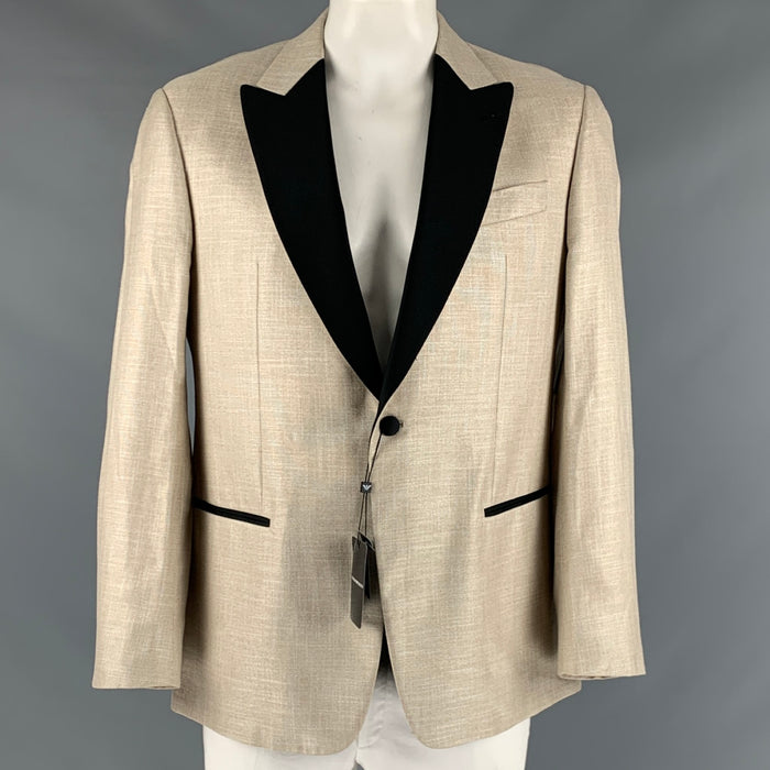 EMPORIO ARMANI Size 44 Cream Black Viscose Blend Peak Lapel Sport Coat