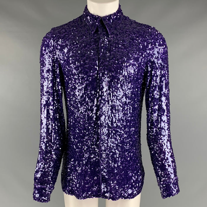 DRIES VAN NOTEN Size S Purple Sequined Viscose Hidden Placket Long Sleeve Shirt