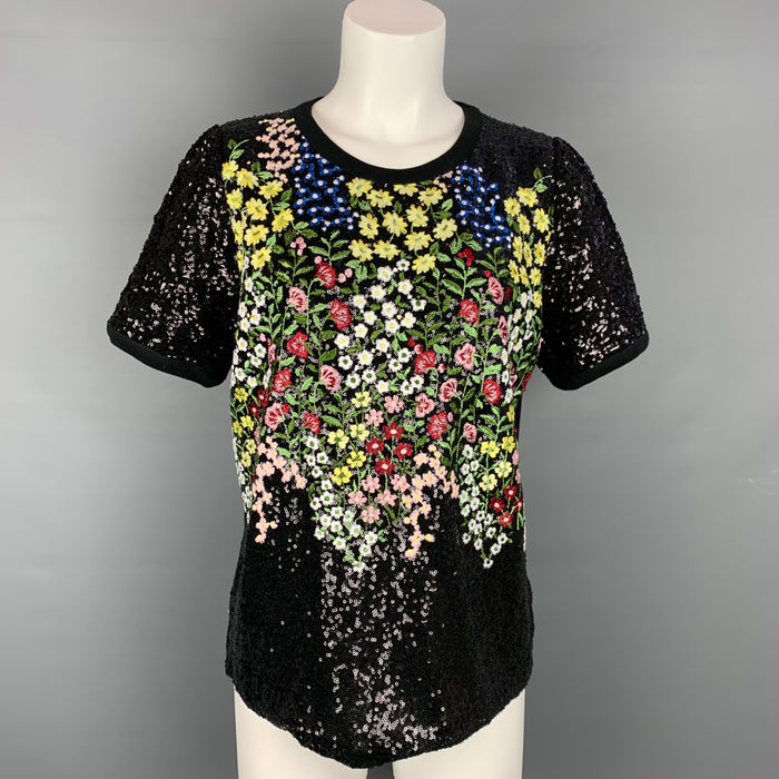 GIAMBATTISTA VALLI Size 12 Black & Multi-Color Sequined Jersey Cotton / Polyamide Dress Top