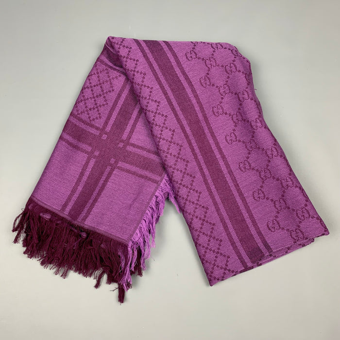 GUCCI Purple Monogram Cotton Fringe Scarf