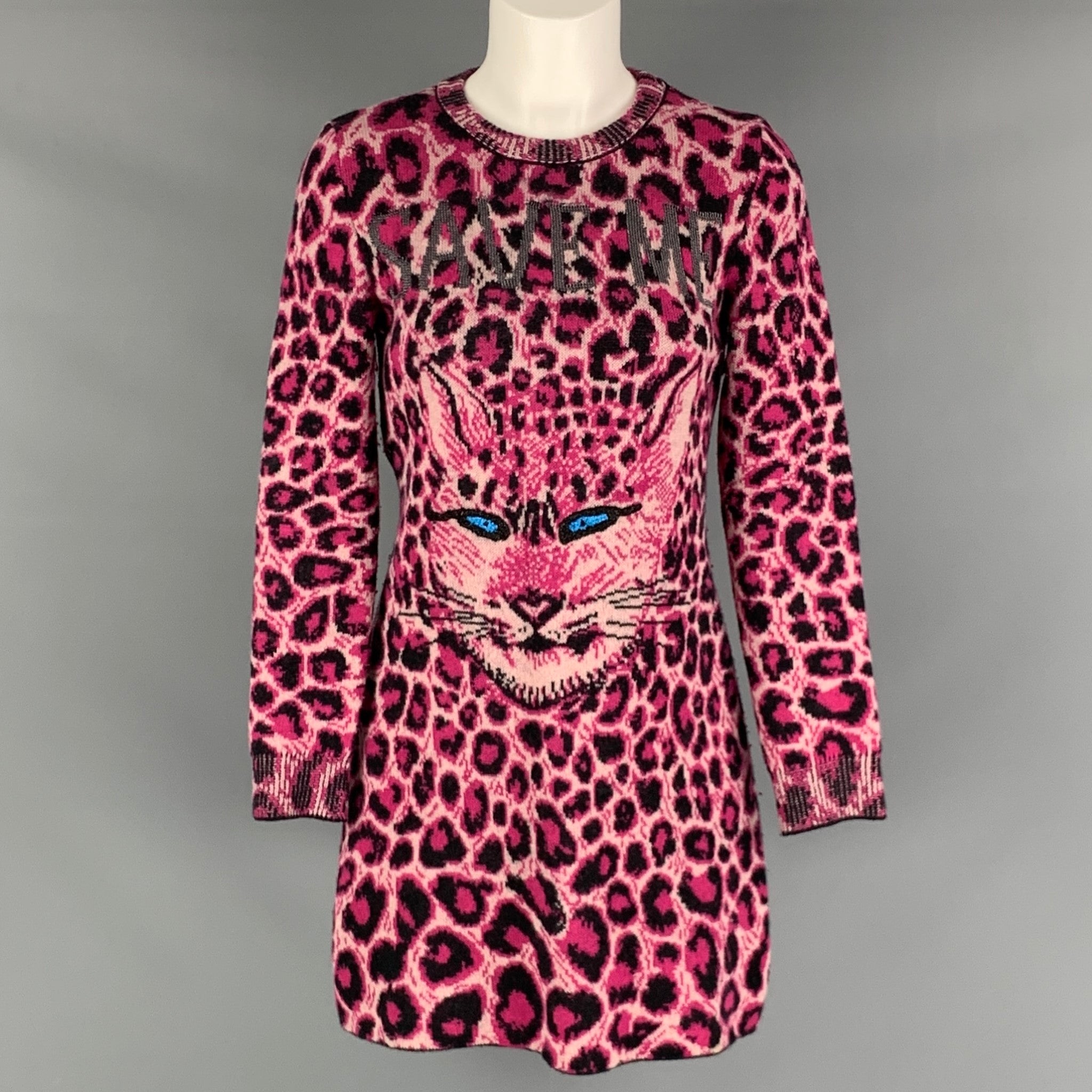 Alberta Ferretti Size 4 Pink Black Virgin Wool Animal Print Long Sleeve Dress