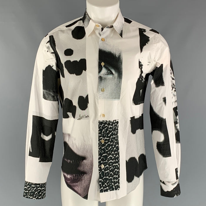 PAUL SMITH Talla M Camisa de manga larga con botones de algodón con estampado blanco y negro