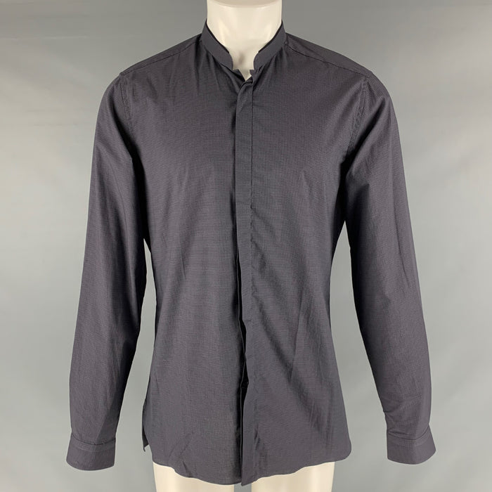 LANVIN Size M Grey Black Houndstooth Cotton Nehru Collar Long Sleeve Shirt