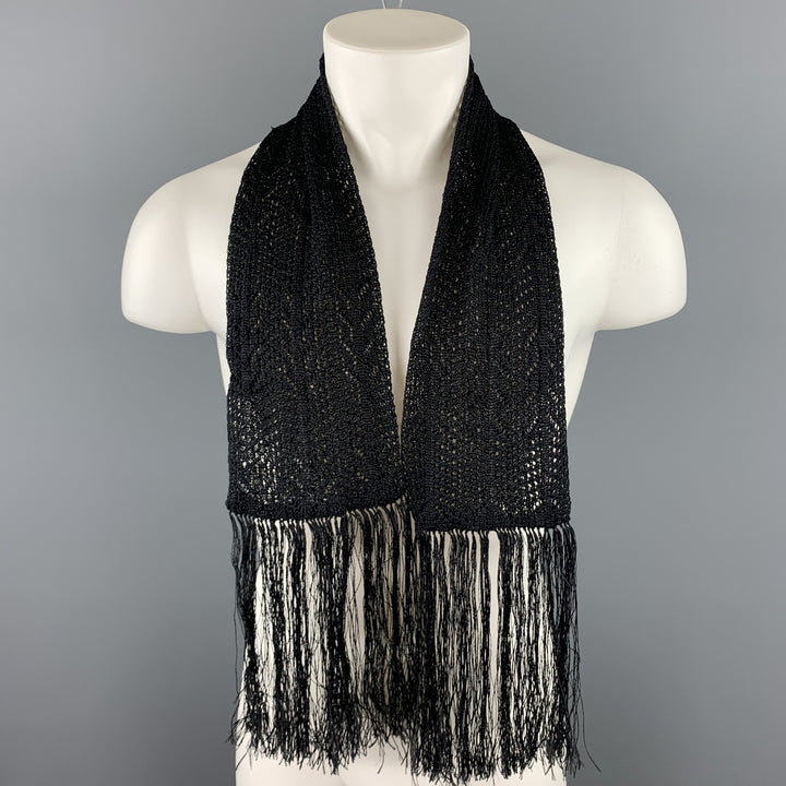 YVES SAINT LAURENT Black Knitted Silk Fringe Scarf
