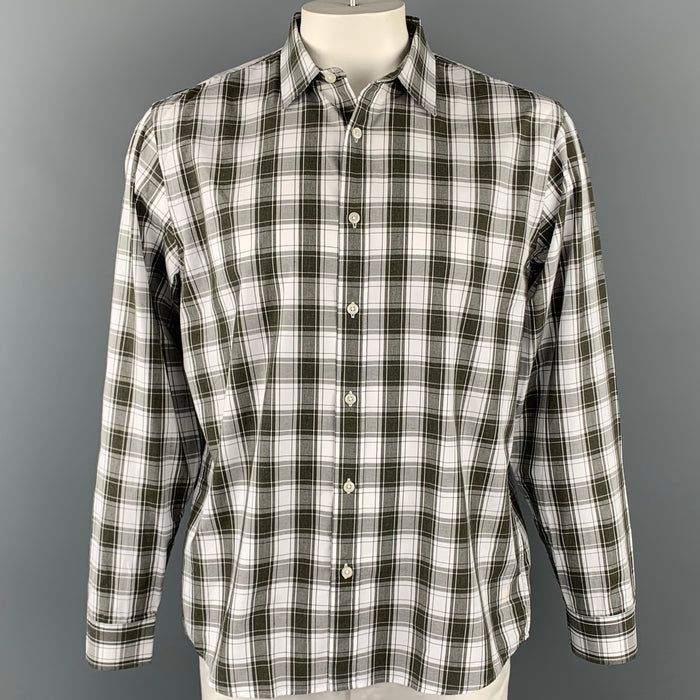 MICHAEL KORS Size XL Olive & White Plaid Cotton Button Up Long Sleeve Shirt