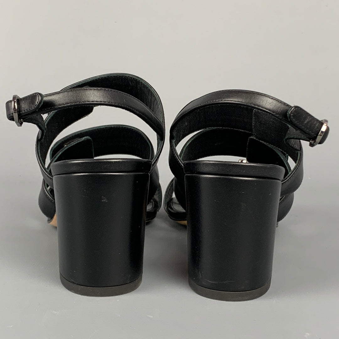 CHANEL Size 6 Black & Silver Leather Turn Lock Logo Chunky Heel Sandals