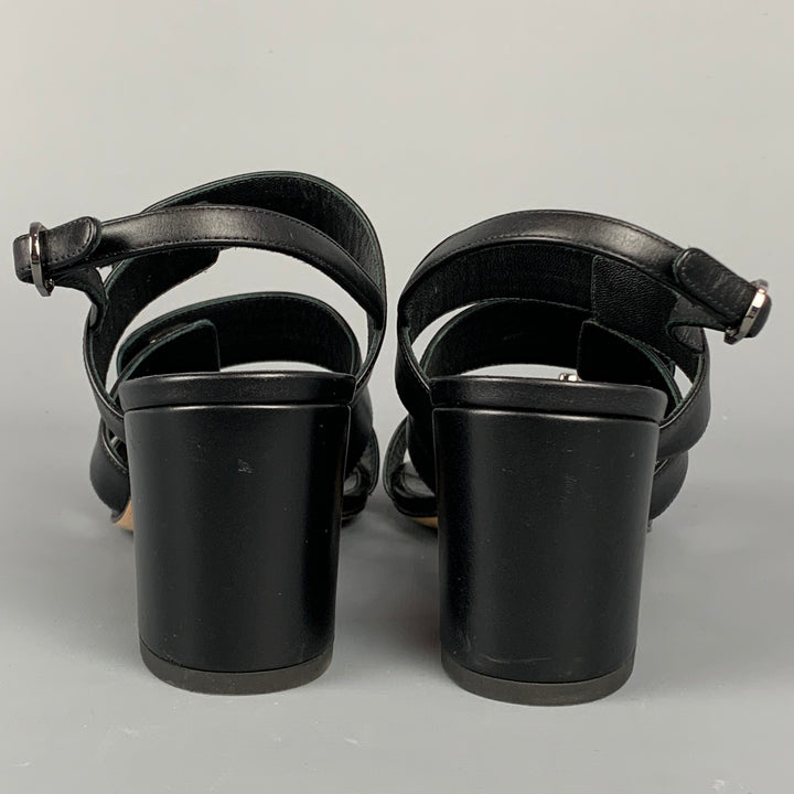 CHANEL Size 6 Black & Silver Leather Turn Lock Logo Chunky Heel Sandals