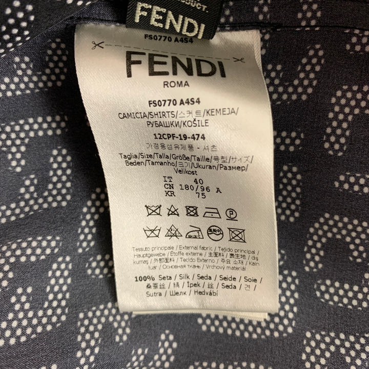 FENDI Size M Black White Logo Silk Button Down Short Sleeve Shirt