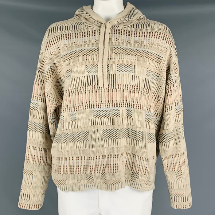 JOHN ELLIOTT Size L Khaki Brown Black Textured Cotton Linen Hoodie Pullover